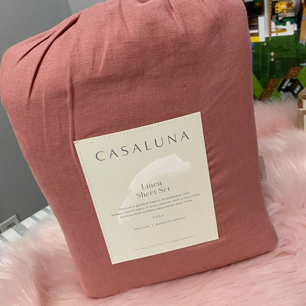 Full 100% Washed Linen Solid Sheet Set Rose CASALUNA
